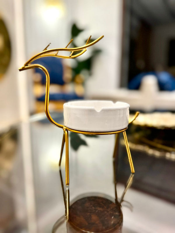 METALLIC GOLDEN GAZELLE STYLE ASH TRAY DECOR FOR TABLE AND HOME